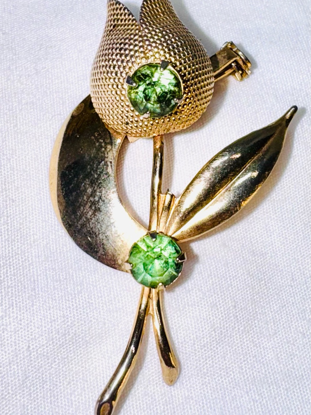 Gold Tulip Brooch with Green Stones - Elegant Women's Jewelry